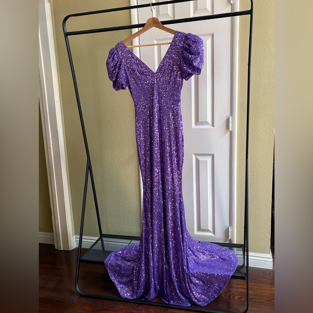 Purple Sequin Gown with Puff Sleeves